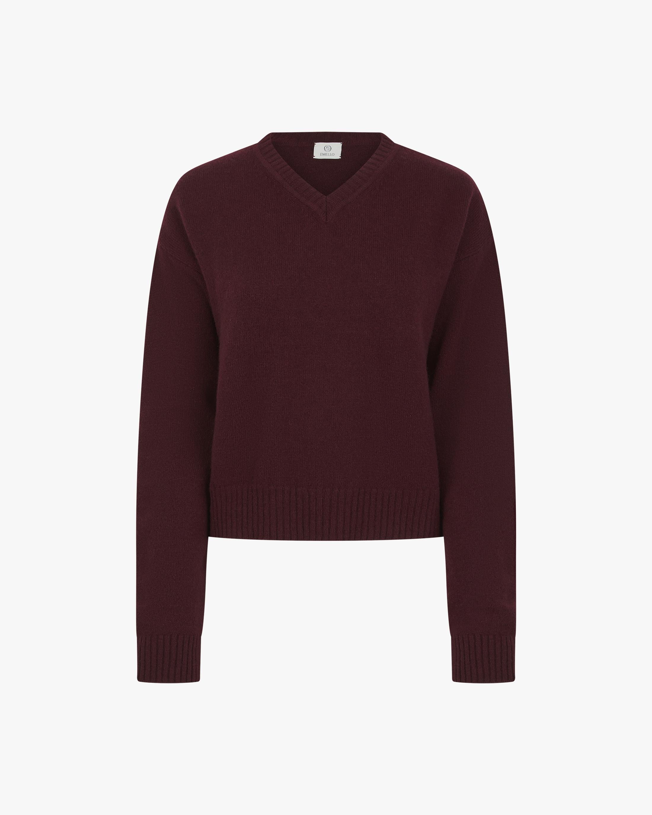 Emello Fig V Neck Sweater in Merino Wool Cashmere with Gold Hardware