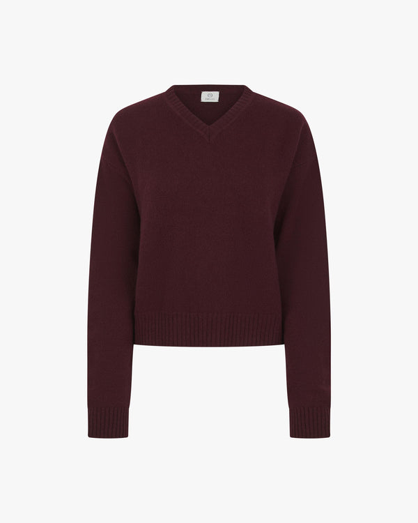 Emello Fig V Neck Sweater in Merino Wool Cashmere with Gold Hardware