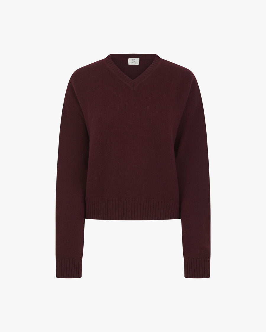 Emello Fig V Neck Sweater in Merino Wool Cashmere with Gold Hardware