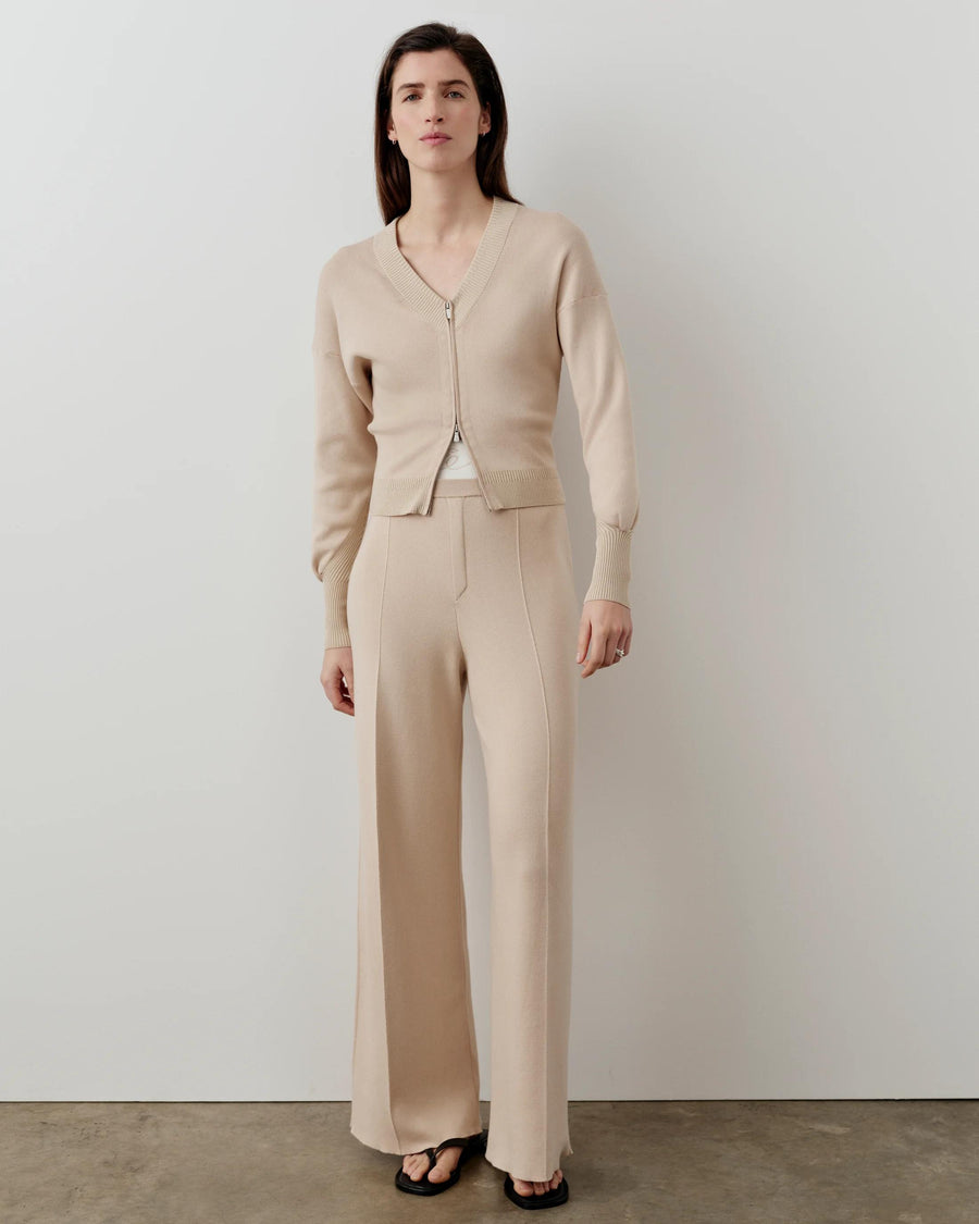 Neutral V-Neck Zip Cardigan in organic cotton with contrast rib detailing.