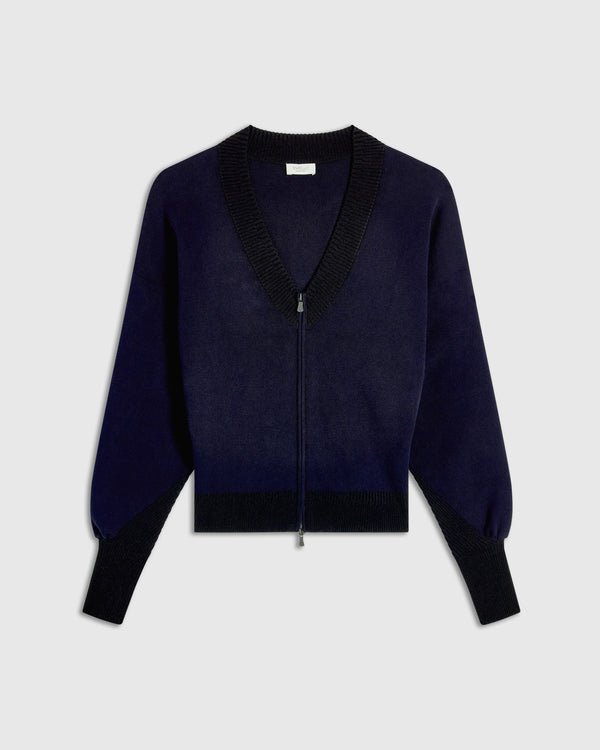 Navy V-Neck Zip Cardigan crafted in Italian organic cotton with contrast ribbed details.