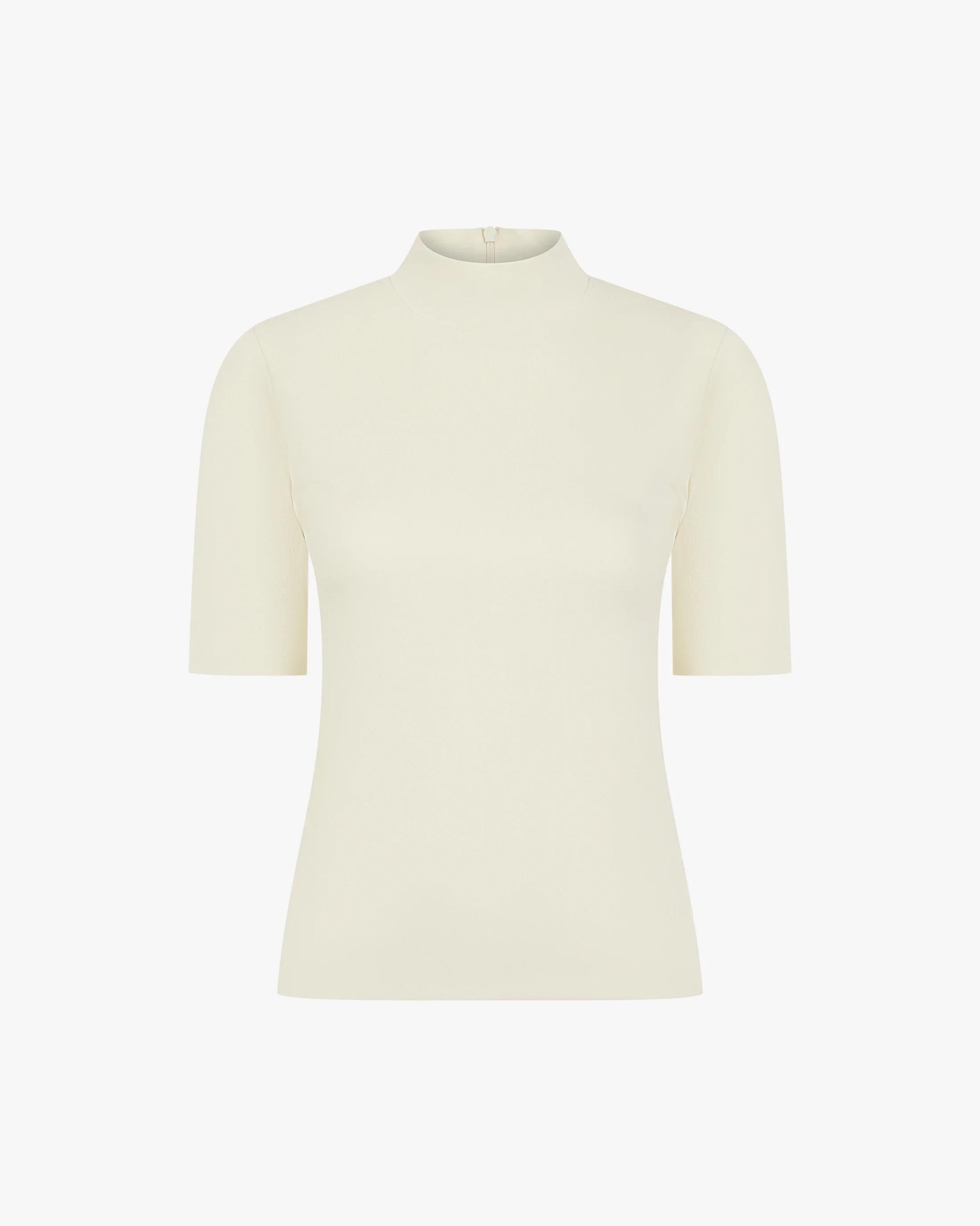 Cream viscose double layer high neck top with short sleeves, elegantly streamlined.