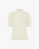 Cream viscose double layer high neck top with short sleeves, elegantly streamlined.
