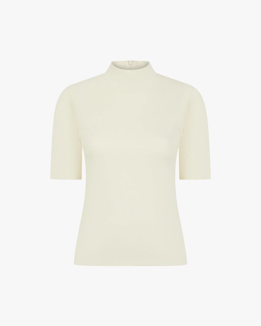 Cream viscose double layer high neck top with short sleeves, elegantly streamlined.