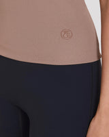 Emello Double Layer Viscose High Neck Top in taupe, close-up of the hemline.