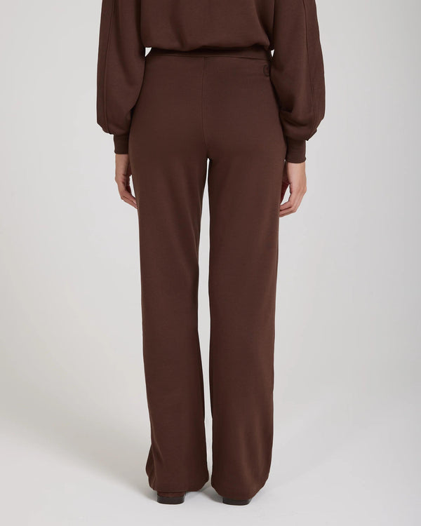 Back view of Emello chocolate wide leg lyocell fleece pants