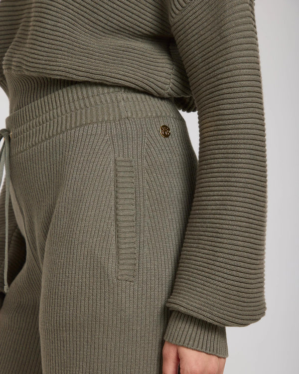 Sorella Ribbed Knit Wide Leg Trousers in Olive with gold-finish embellishments