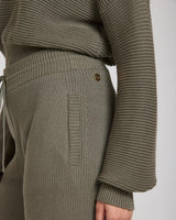 Sorella Ribbed Knit Wide Leg Trousers in Olive with gold-finish embellishments