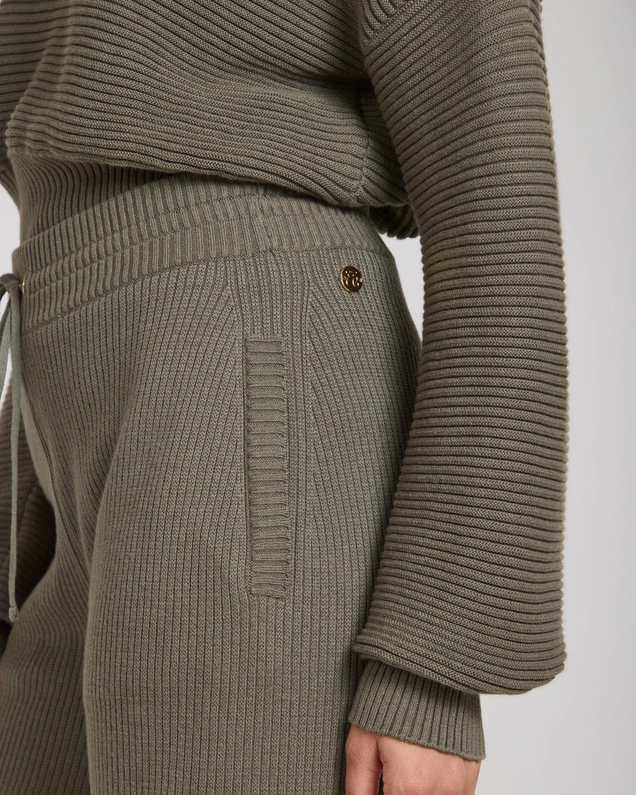 Sorella Ribbed Knit Wide Leg Trousers in Olive with gold-finish embellishments