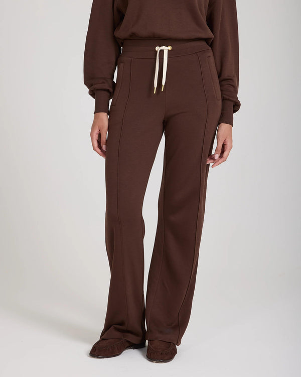 Mello Lyocell Fleece Wide Leg Pants in chocolate brown with gold accents.