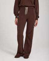 Mello Lyocell Fleece Wide Leg Pants in chocolate brown with gold accents.