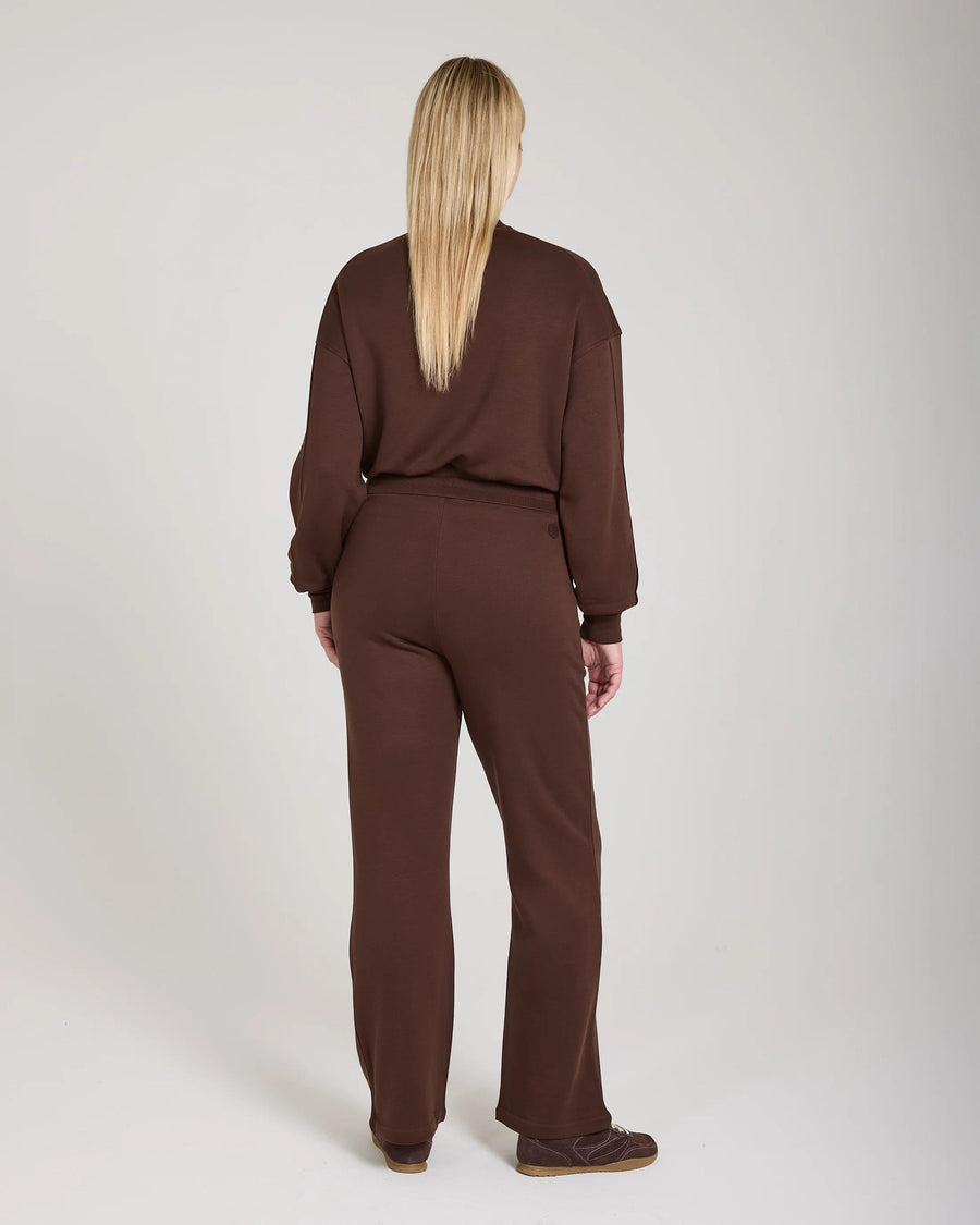 Back view of Mello Lyocell Fleece Wide Leg Pants in Chocolate.