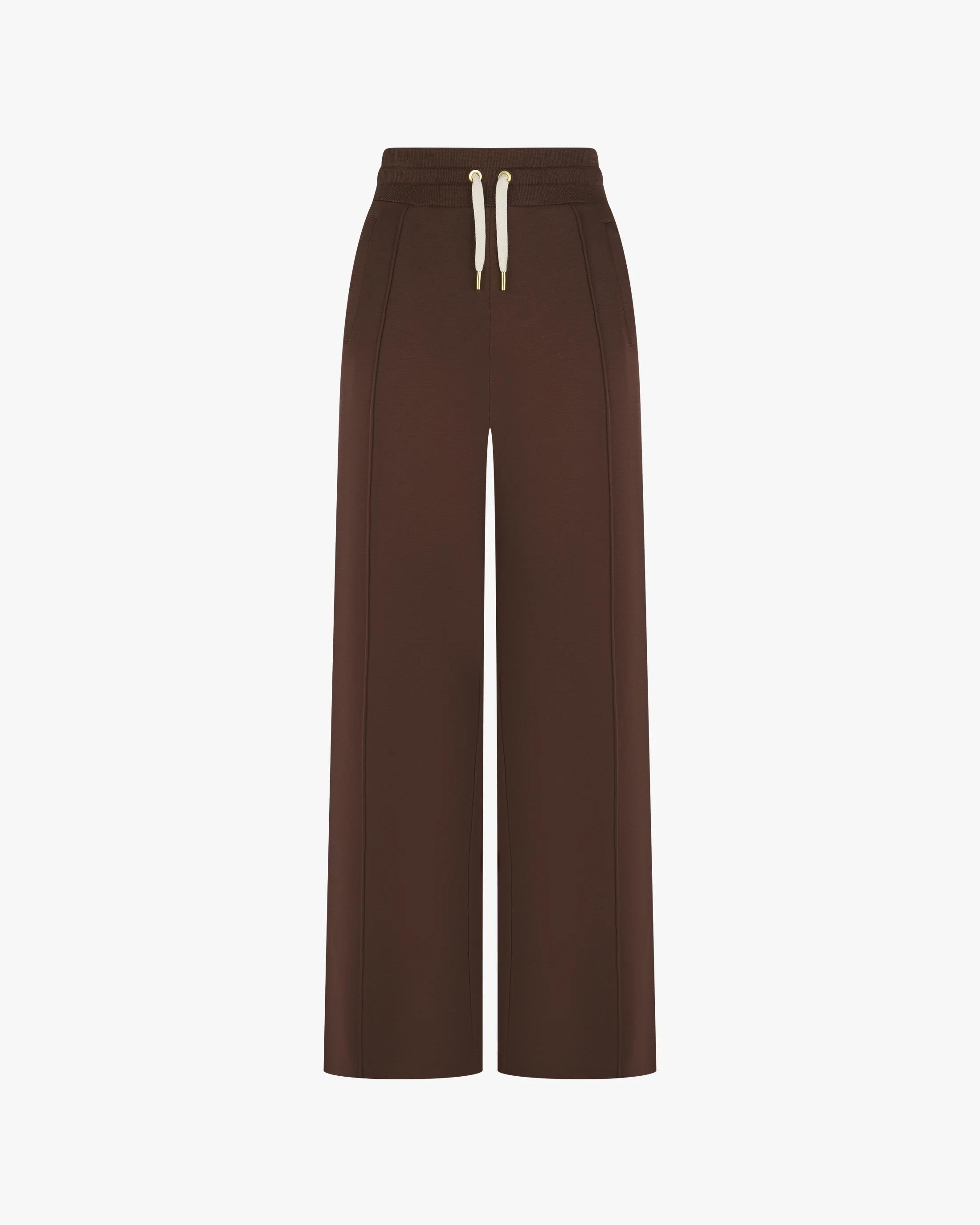 Chocolate brown wide-leg trouser with drawcord waistband and gold-finish metal ends
