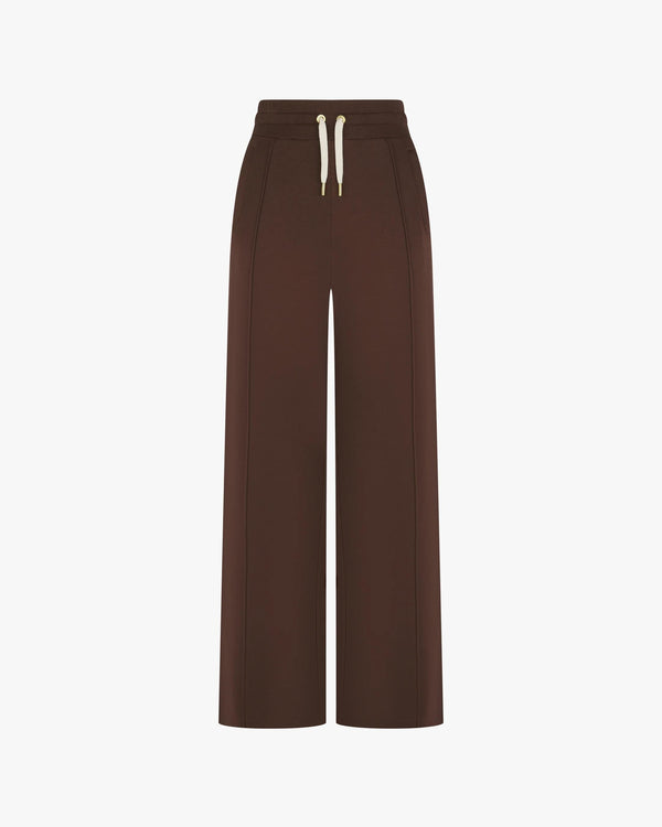 Chocolate brown wide-leg trouser with drawcord waistband and gold-finish metal ends