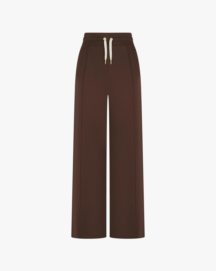 Chocolate brown wide-leg trouser with drawcord waistband and gold-finish metal ends