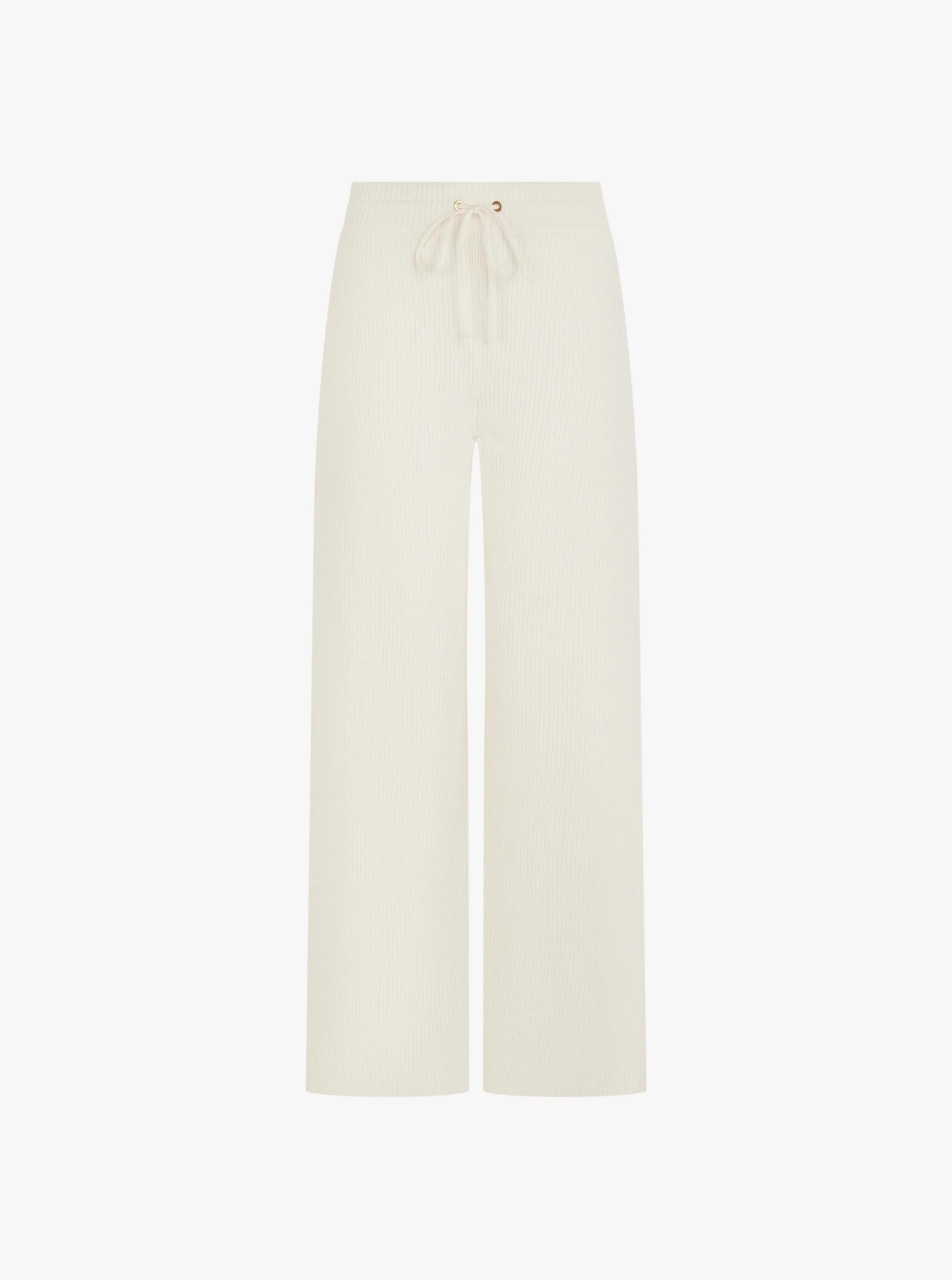 Cream ribbed wide-leg trouser in cotton-cashmere with gold hardware.