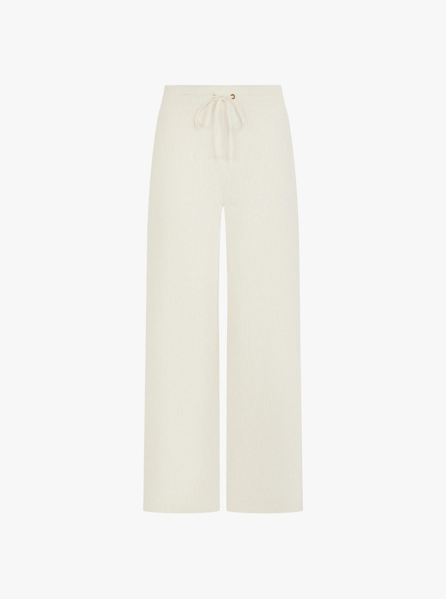 Cream ribbed wide-leg trouser in cotton-cashmere with gold hardware.