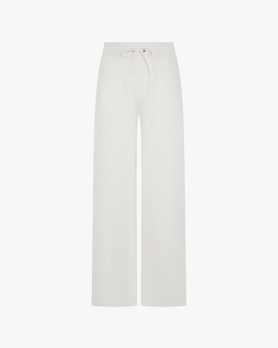 Wide leg trousers in a cream hue with a merino wool and cashmere blend, featuring gold hardware and a relaxed fit.