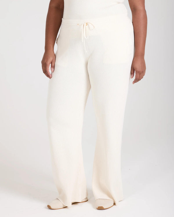 Sorella Ribbed Knit Wide Leg Trousers in Cream, featuring a relaxed fit and gold-finish trims.