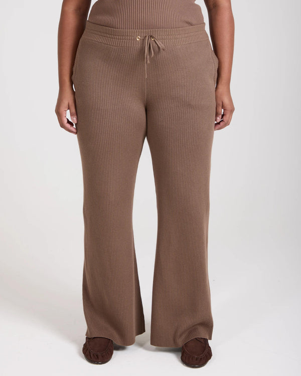 Sorella Ribbed Knit Wide Leg Trousers in Taupe with gold disc detailing, featuring a relaxed fit and crafted in Italy.