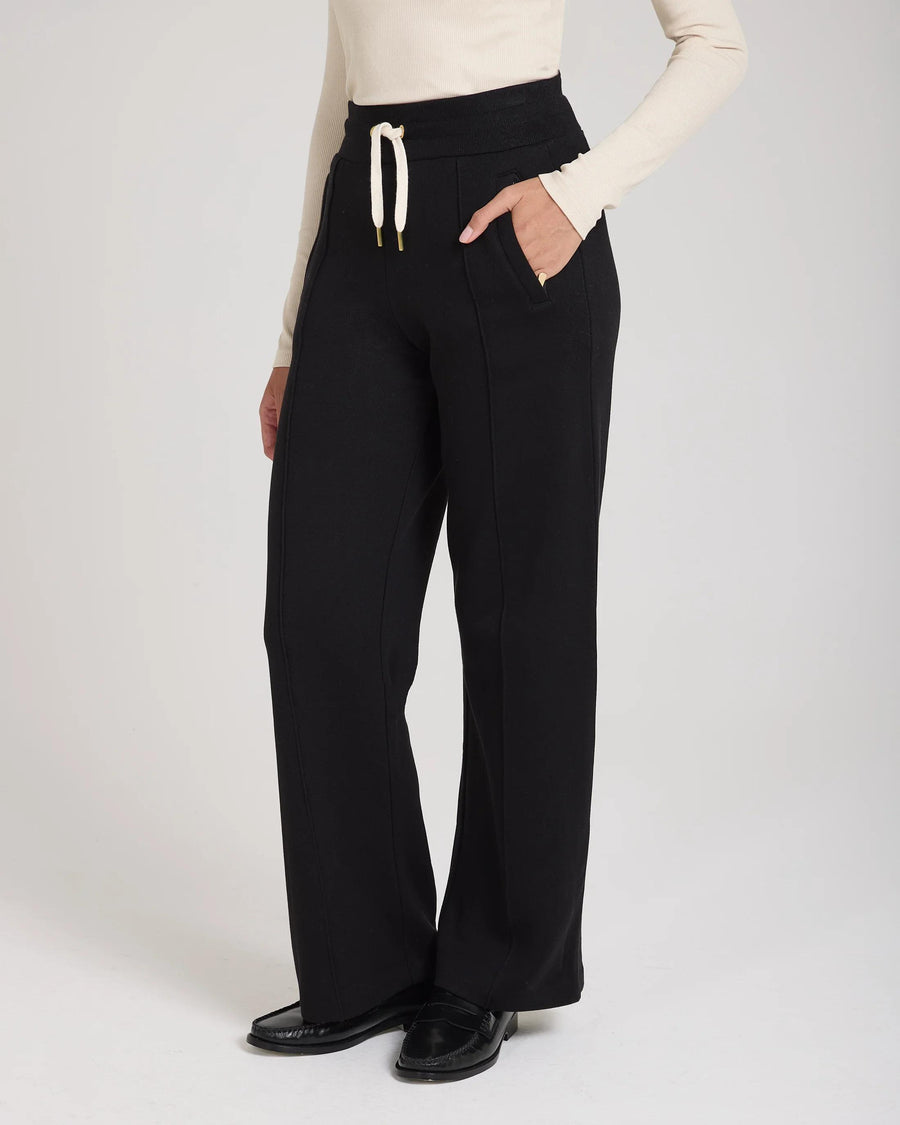 Emello black wide-leg trousers with pin-tuck detailing and gold-finish drawcord
